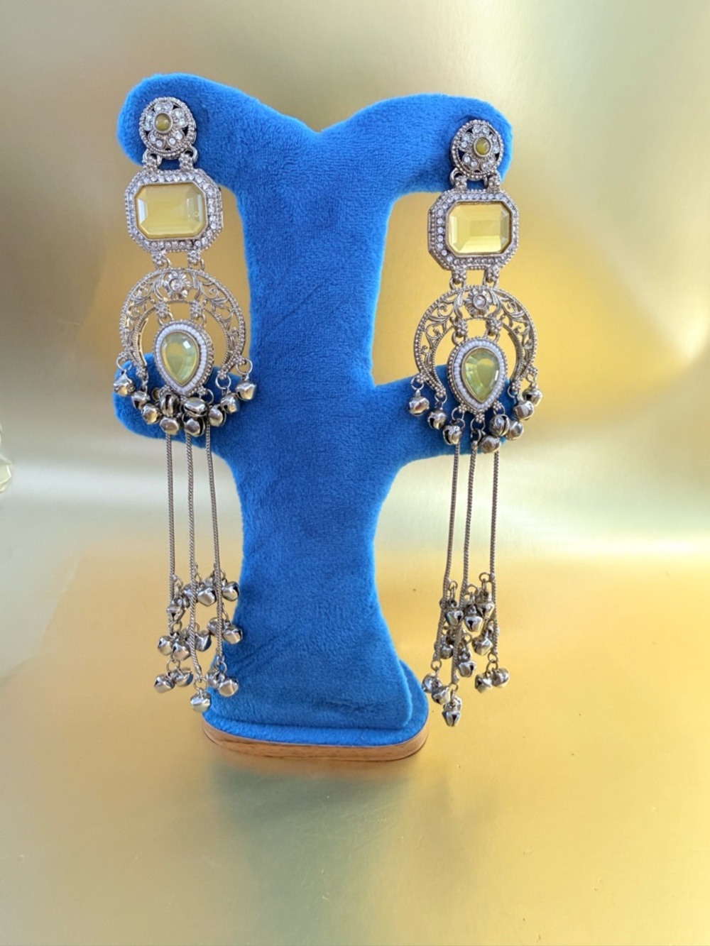 Elegant Yellow Stone Silver-Tone Chandelier Earrings